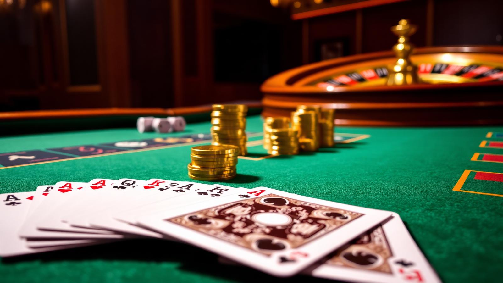 Casino fiches en speelkaarten op een groen baizen tafelblad